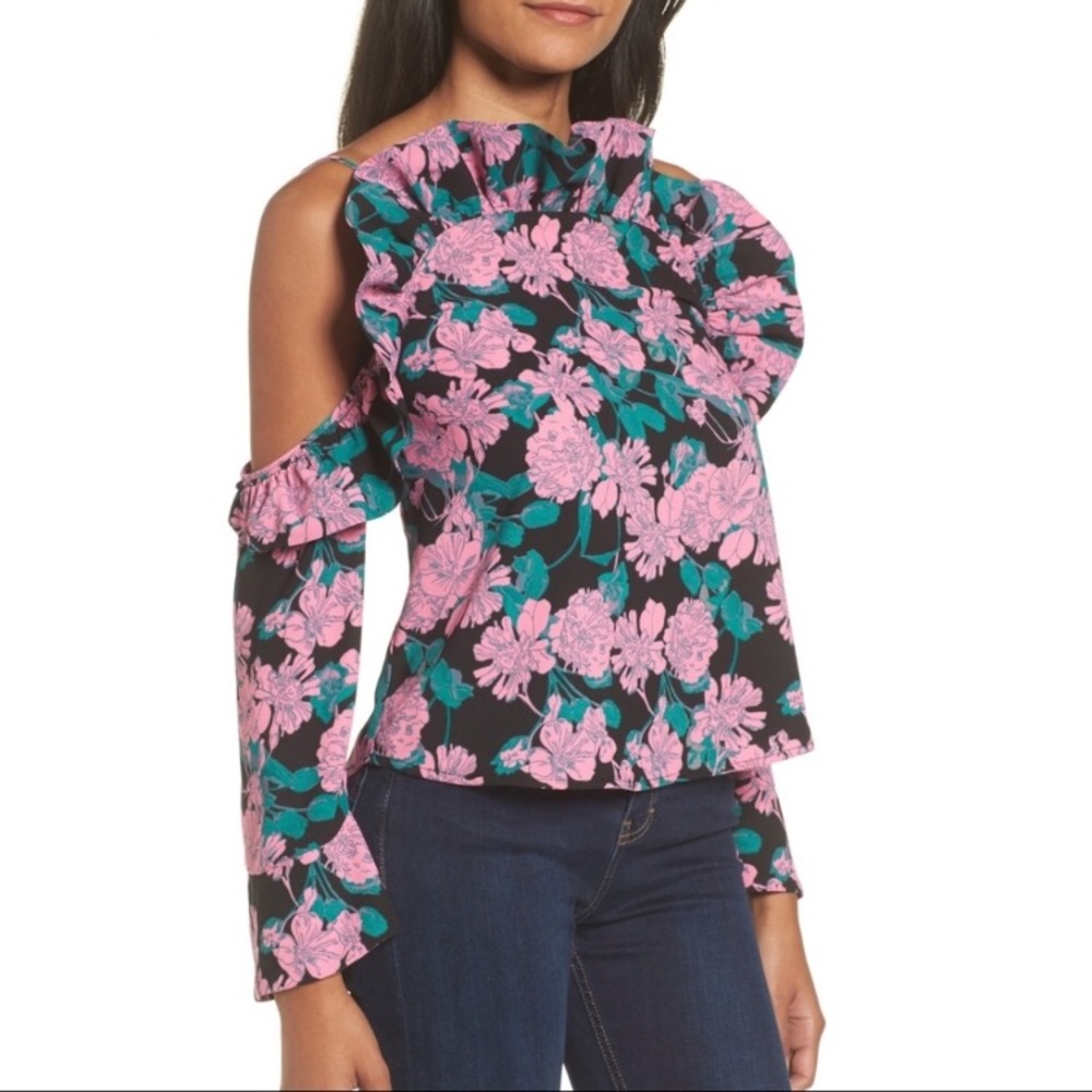 Floral Pink Black Ruffle Cold Shoulder Top Blouse
